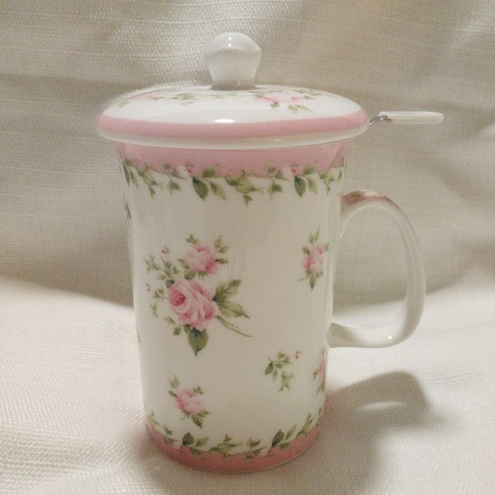 Ashdene Pink and White Bone China Tea Infuser Mug w/Lid